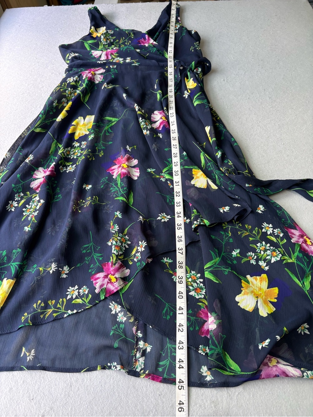 DKNY Navy Floral Faux Wrap Midi Chiffon Dress with Tie Waist Sz 10 - Picture 4 of 10